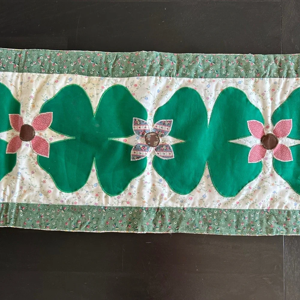 VTG Handmade Quilted Shamrock Table Runner St Patricks Day Green Floral 39x13